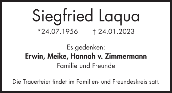 Traueranzeige von Siegfried Laqua von Deister- und Weserzeitung