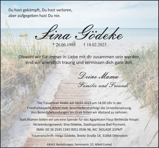 Traueranzeige von Sina Gödeke von Deister- und Weserzeitung