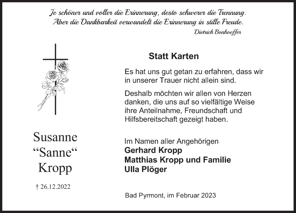  Traueranzeige für Susanne Kropp vom 11.02.2023 aus Deister- und Weserzeitung