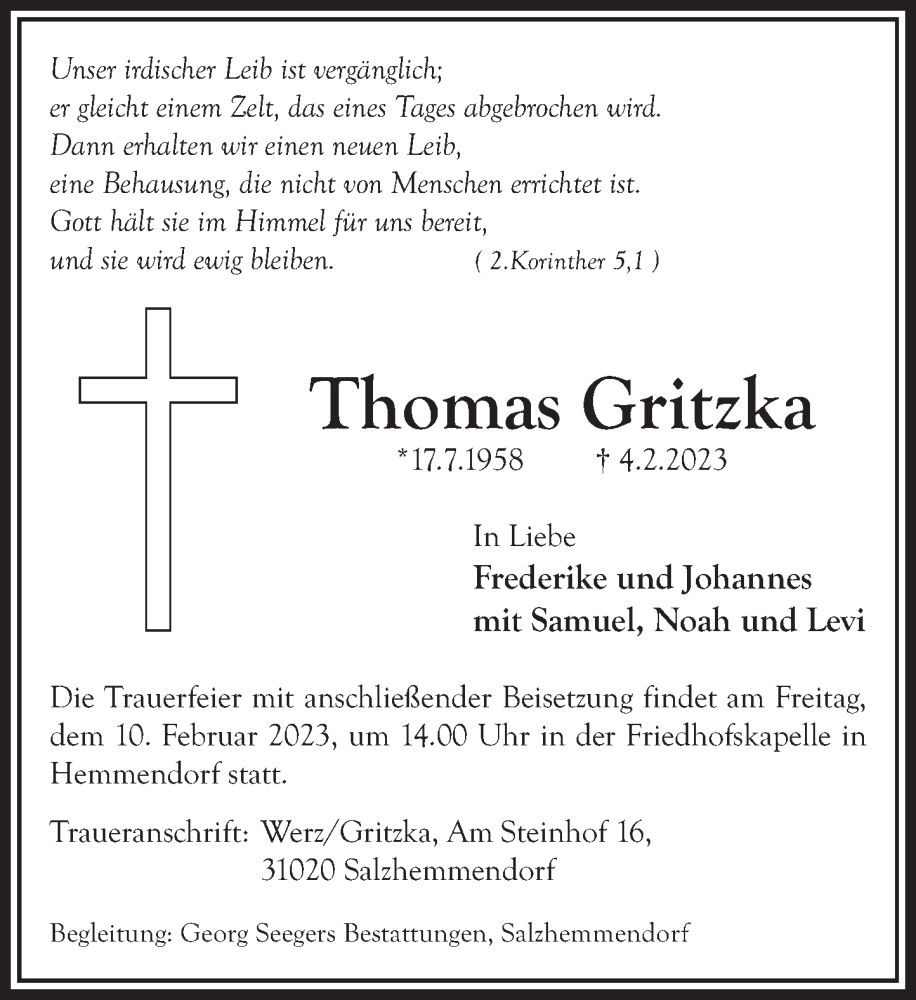  Traueranzeige für Thomas Gritzka vom 08.02.2023 aus Deister- und Weserzeitung