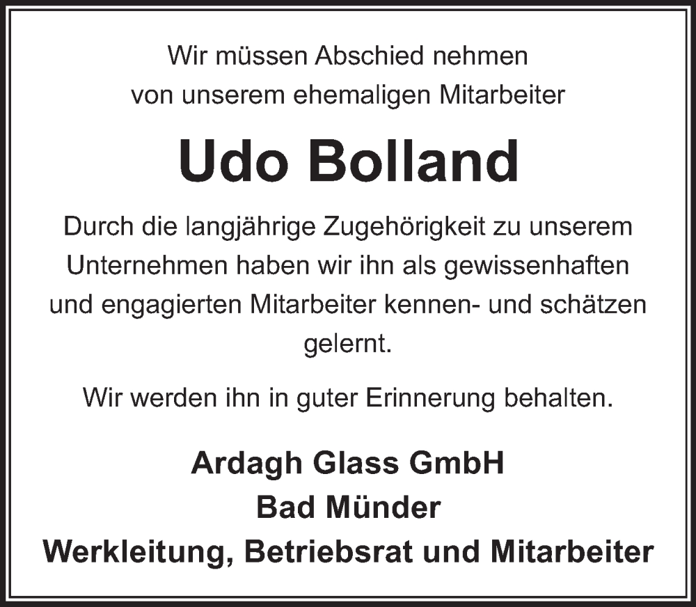  Traueranzeige für Udo Bolland vom 22.02.2023 aus Neue Deister-Zeitung