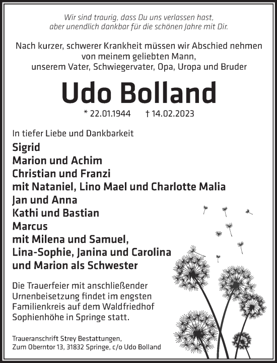 Traueranzeige von Udo Bolland von Neue Deister-Zeitung