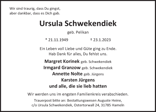 Traueranzeige von Ursula Schwekendiek von Deister- und Weserzeitung