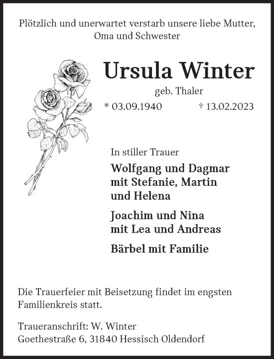 Traueranzeige von Ursula Winter von Deister- und Weserzeitung