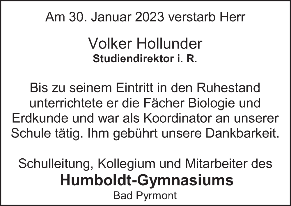  Traueranzeige für Volker Hollunder vom 08.02.2023 aus Deister- und Weserzeitung