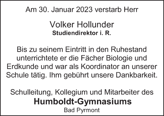 Traueranzeige von Volker Hollunder von Deister- und Weserzeitung