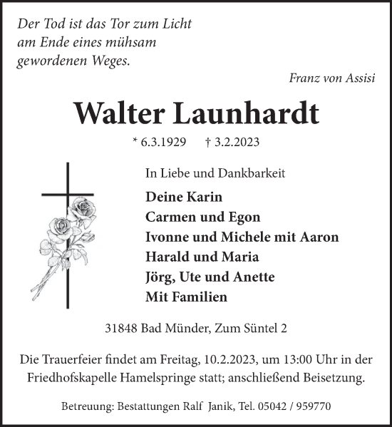 Traueranzeige von Walter Launhardt von Neue Deister-Zeitung