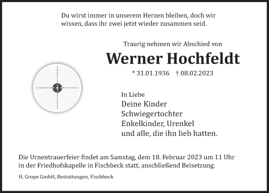 Traueranzeige von Werner Hochfeldt von Deister- und Weserzeitung
