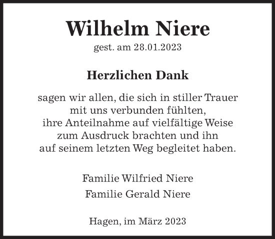 Traueranzeige von Wilhelm Niere von Deister- und Weserzeitung