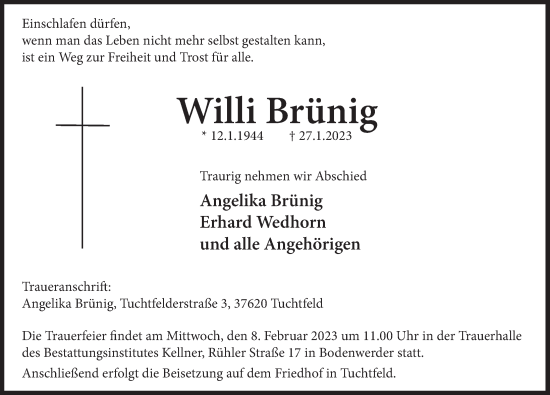 Traueranzeige von Willi Brünig von Deister- und Weserzeitung