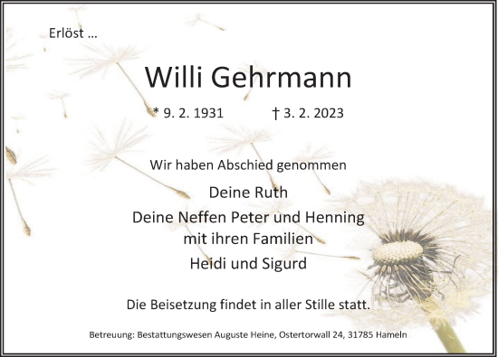 Traueranzeige von Willi Gehrmann von Deister- und Weserzeitung