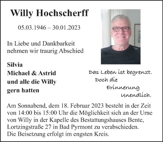 Traueranzeige von Willy Hochscherff von Deister- und Weserzeitung