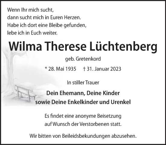 Traueranzeige von Wilma Therese Lüchtenberg von Neue Deister-Zeitung