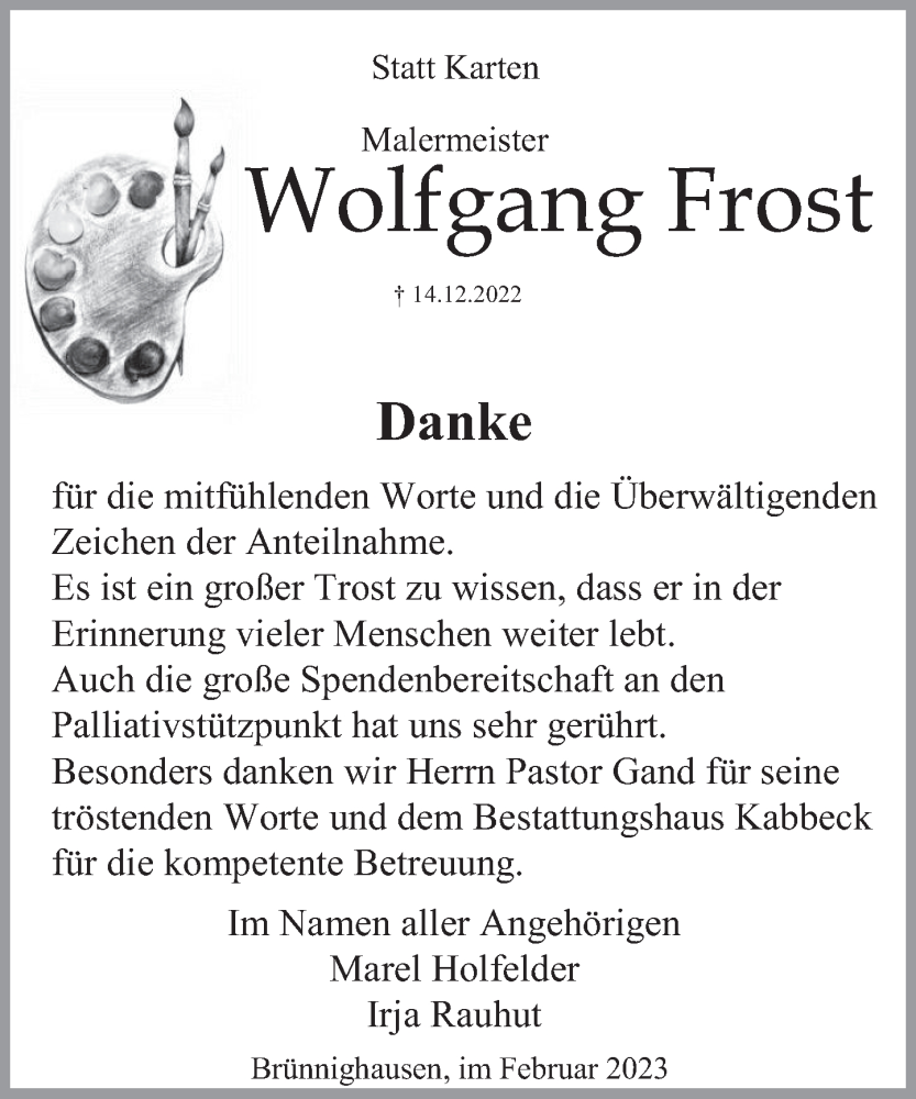  Traueranzeige für Wolfgang Frost vom 11.02.2023 aus Deister- und Weserzeitung