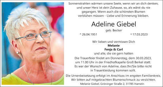 Traueranzeige von Adeline Giebel von Deister- und Weserzeitung