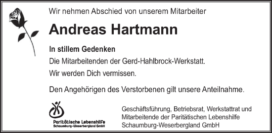 Traueranzeige von Andreas Hartmann von Deister- und Weserzeitung