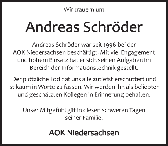 Traueranzeige von Andreas Schröder von Deister- und Weserzeitung