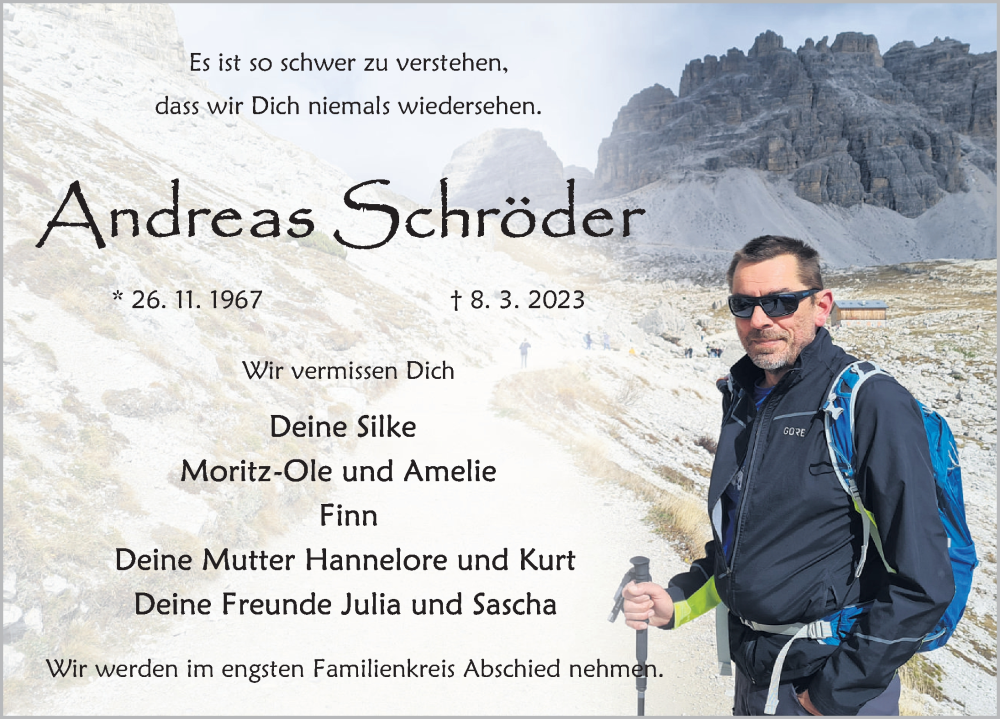  Traueranzeige für Andreas Schröder vom 20.03.2023 aus Deister- und Weserzeitung