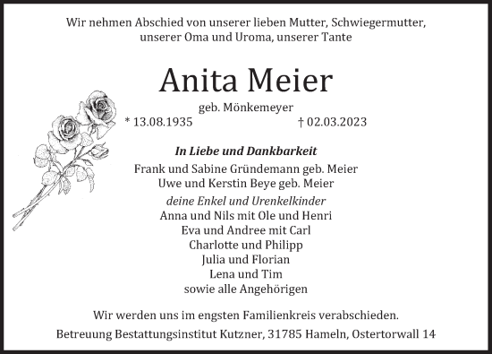Traueranzeige von Anita Meier von Deister- und Weserzeitung