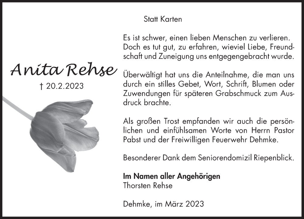  Traueranzeige für Anita Rehse vom 25.03.2023 aus Deister- und Weserzeitung