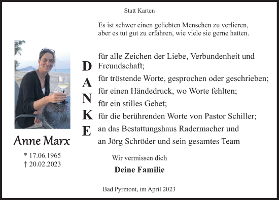 Traueranzeige von Anne Marx von Deister- und Weserzeitung