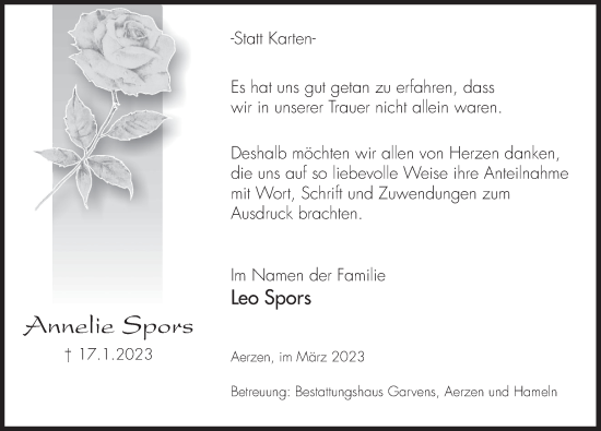 Traueranzeige von Annelie Spors von Deister- und Weserzeitung