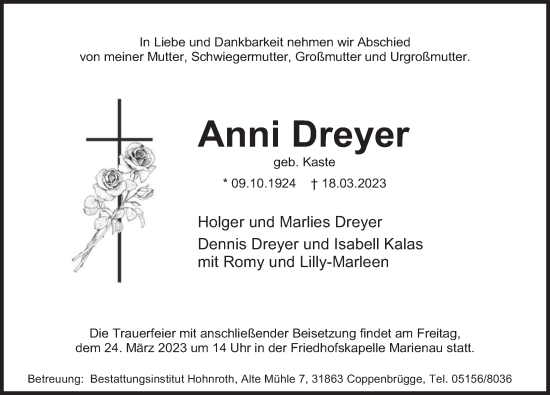 Traueranzeige von Anni Dreyer von Deister- und Weserzeitung