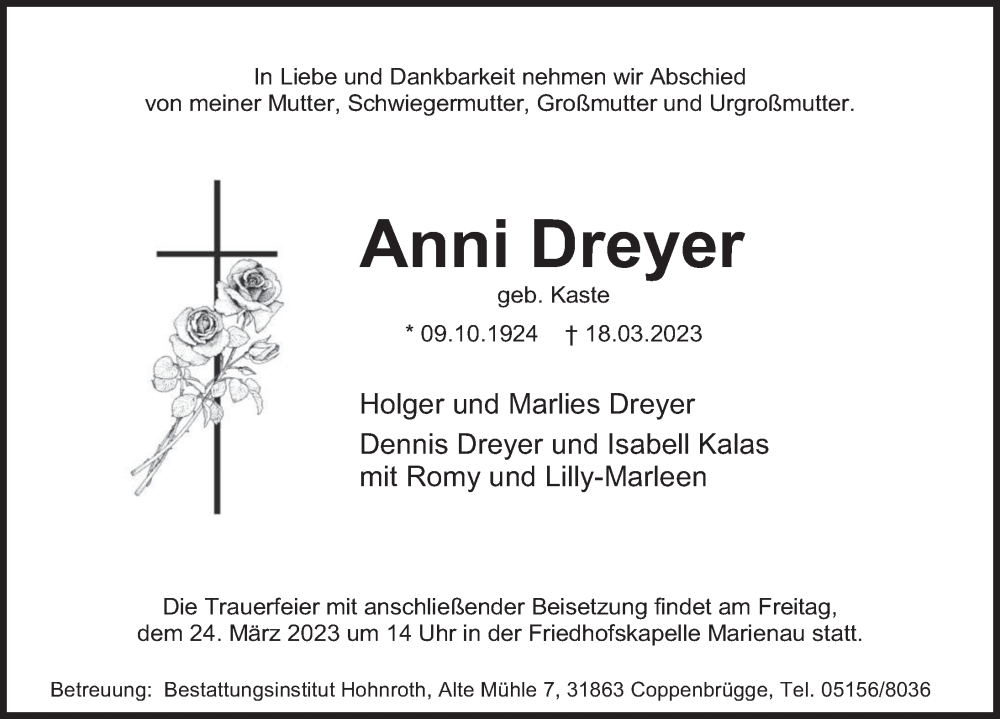  Traueranzeige für Anni Dreyer vom 22.03.2023 aus Deister- und Weserzeitung