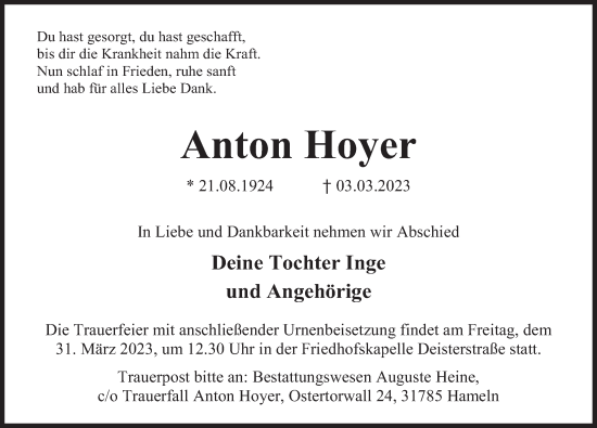 Traueranzeige von Anton Hoyer von Deister- und Weserzeitung