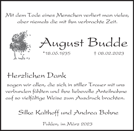 Traueranzeige von August Budde von Deister- und Weserzeitung