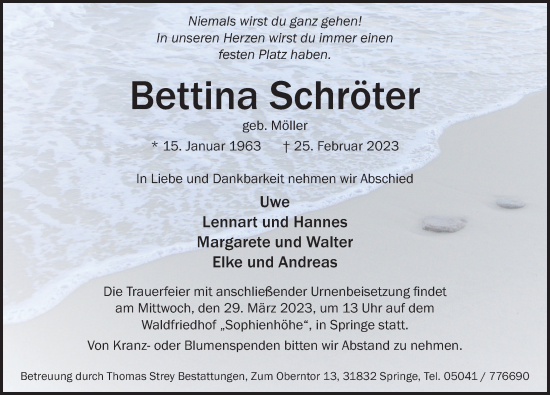 Traueranzeige von Bettina Schröter von Neue Deister-Zeitung