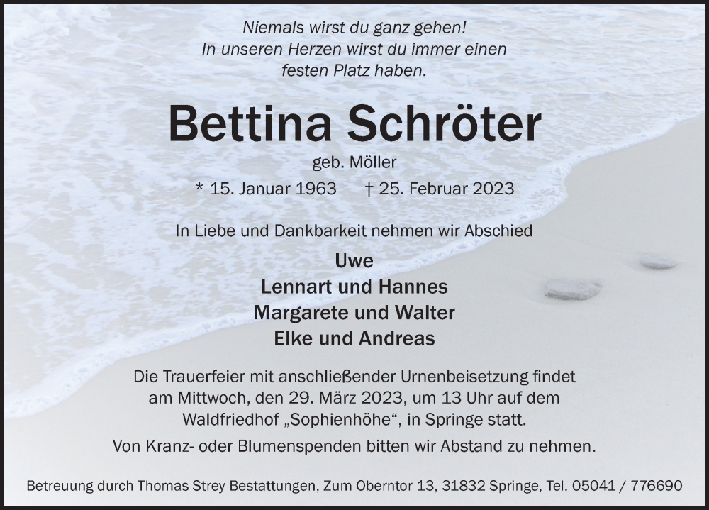  Traueranzeige für Bettina Schröter vom 18.03.2023 aus Neue Deister-Zeitung
