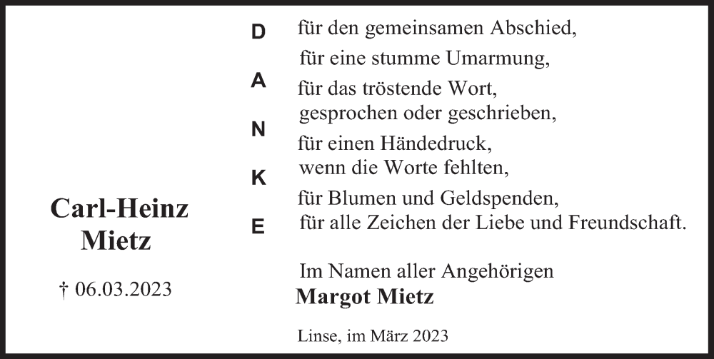  Traueranzeige für Carl-Heinz Mietz vom 01.04.2023 aus Deister- und Weserzeitung