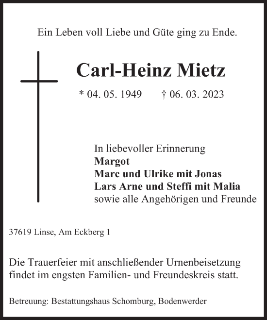 Traueranzeige von Carl-Heinz Mietz von Deister- und Weserzeitung