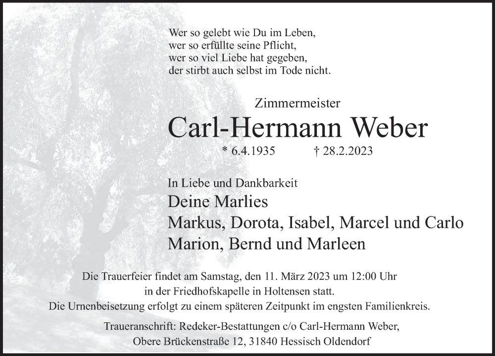  Traueranzeige für Carl-Hermann Weber vom 04.03.2023 aus Deister- und Weserzeitung