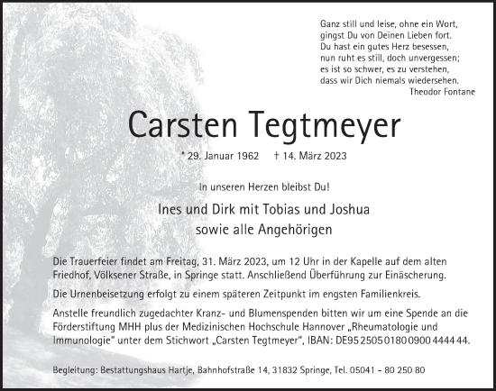 Traueranzeige von Carsten Tegtmeyer von Neue Deister-Zeitung