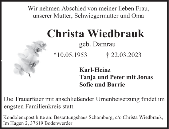 Traueranzeige von Christa Wiedbrauk von Deister- und Weserzeitung