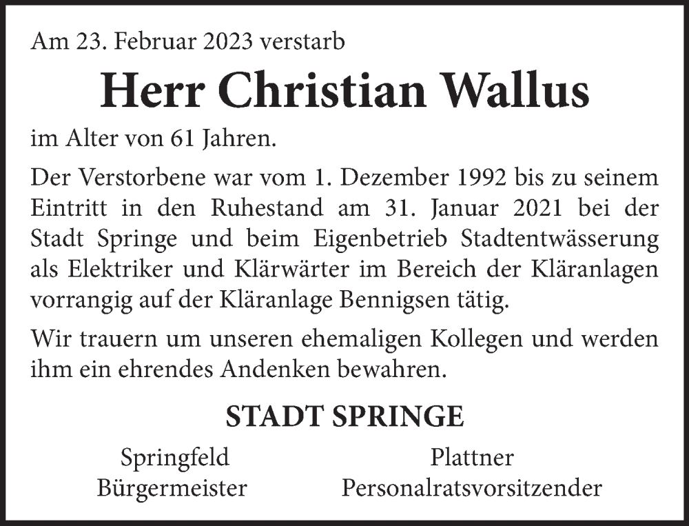  Traueranzeige für Christian Wallus vom 11.03.2023 aus Neue Deister-Zeitung