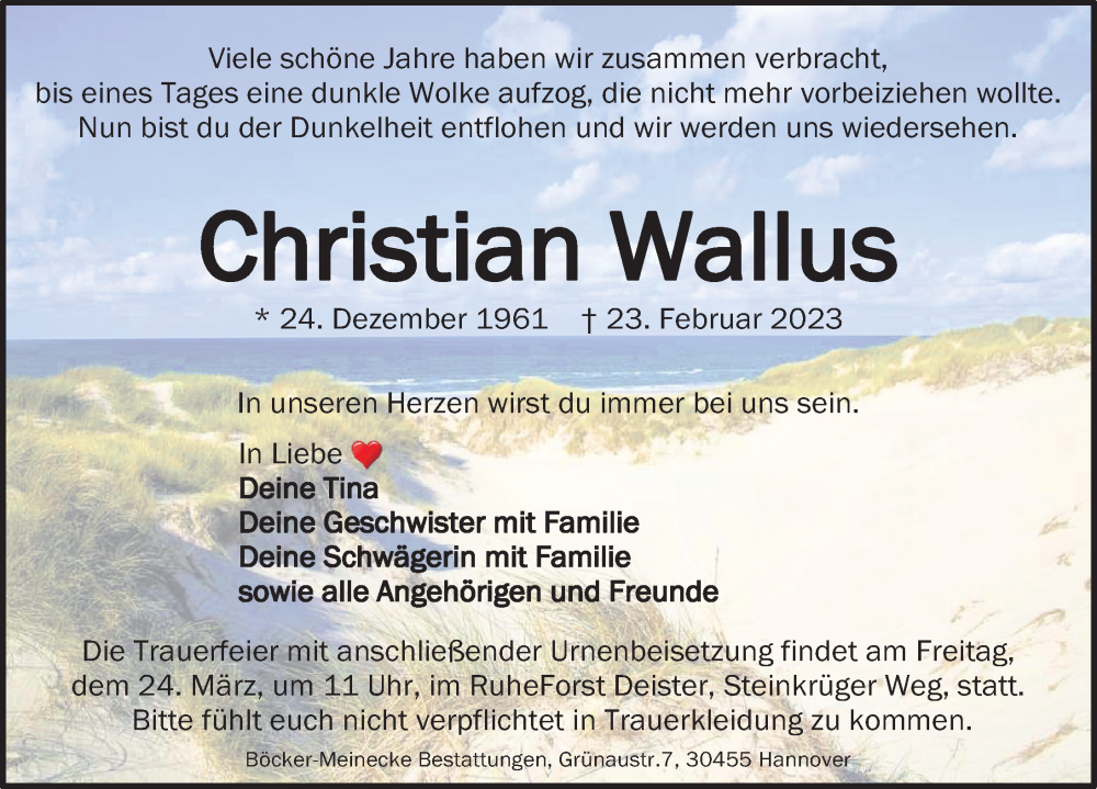  Traueranzeige für Christian Wallus vom 11.03.2023 aus Neue Deister-Zeitung