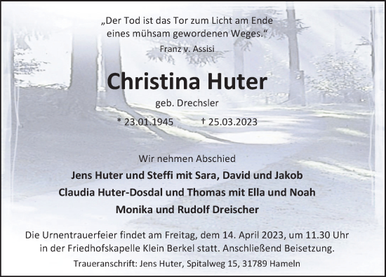 Traueranzeige von Christina Huter von Deister- und Weserzeitung