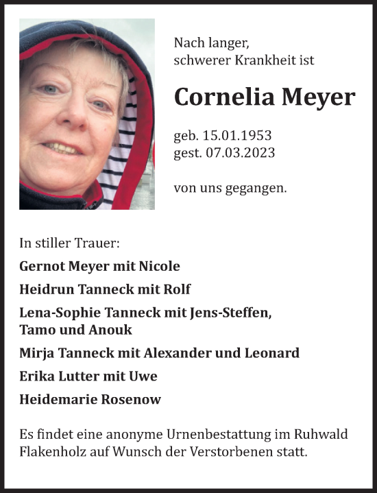 Traueranzeige von Cornelia Meyer von Deister- und Weserzeitung