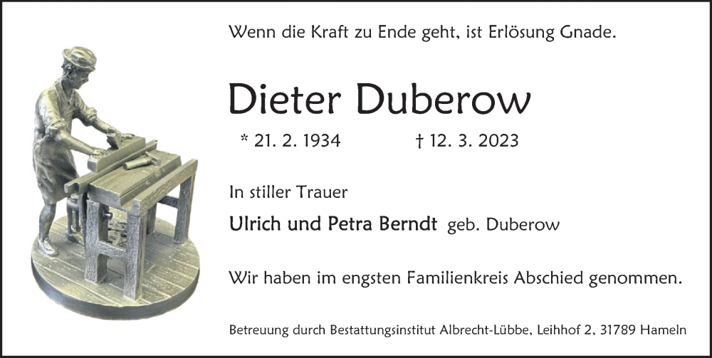  Traueranzeige für Dieter Duberow vom 25.03.2023 aus Deister- und Weserzeitung