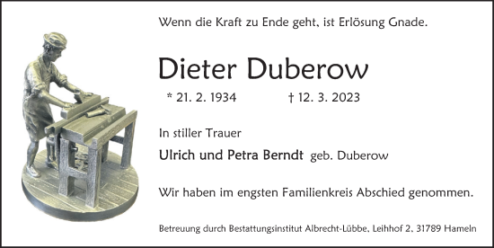 Traueranzeige von Dieter Duberow von Deister- und Weserzeitung