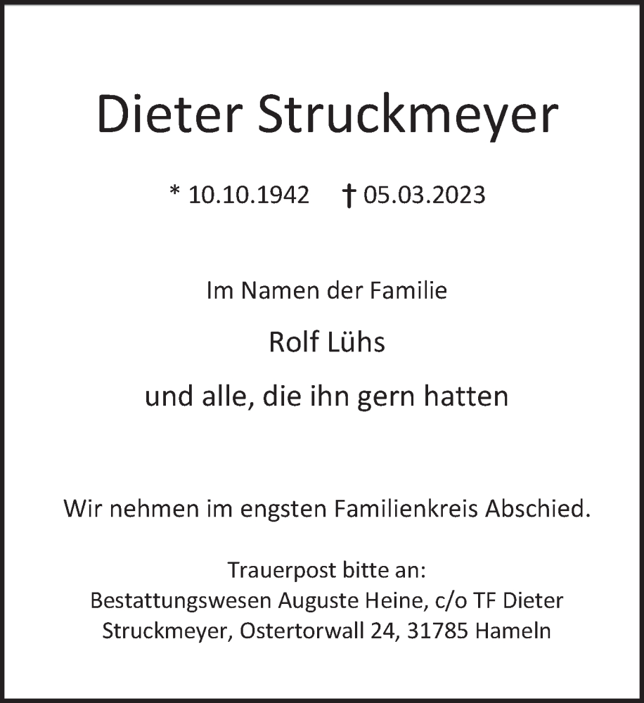  Traueranzeige für Dieter Struckmeyer vom 18.03.2023 aus Deister- und Weserzeitung