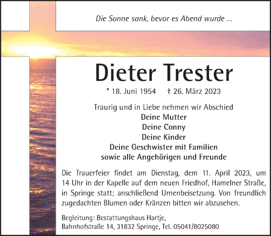 Traueranzeige von Dieter Trester von Neue Deister-Zeitung