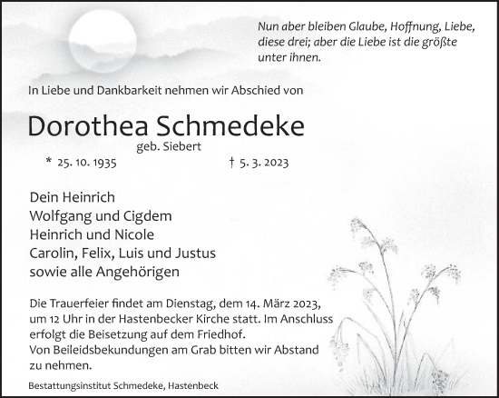 Traueranzeige von Dorothea Schmedeke von Deister- und Weserzeitung