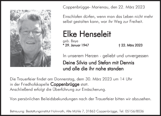 Traueranzeige von Elke Henseleit von Deister- und Weserzeitung