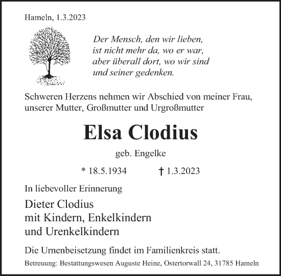 Traueranzeige von Elsa Clodius von Neue Deister-Zeitung