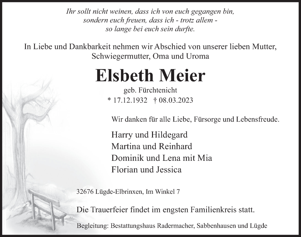  Traueranzeige für Elsbeth Meier vom 11.03.2023 aus Deister- und Weserzeitung