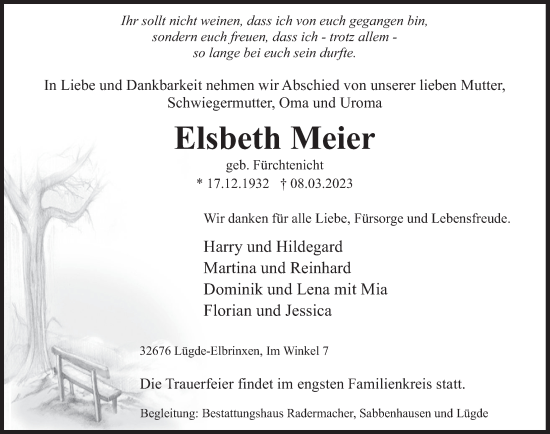 Traueranzeige von Elsbeth Meier von Deister- und Weserzeitung